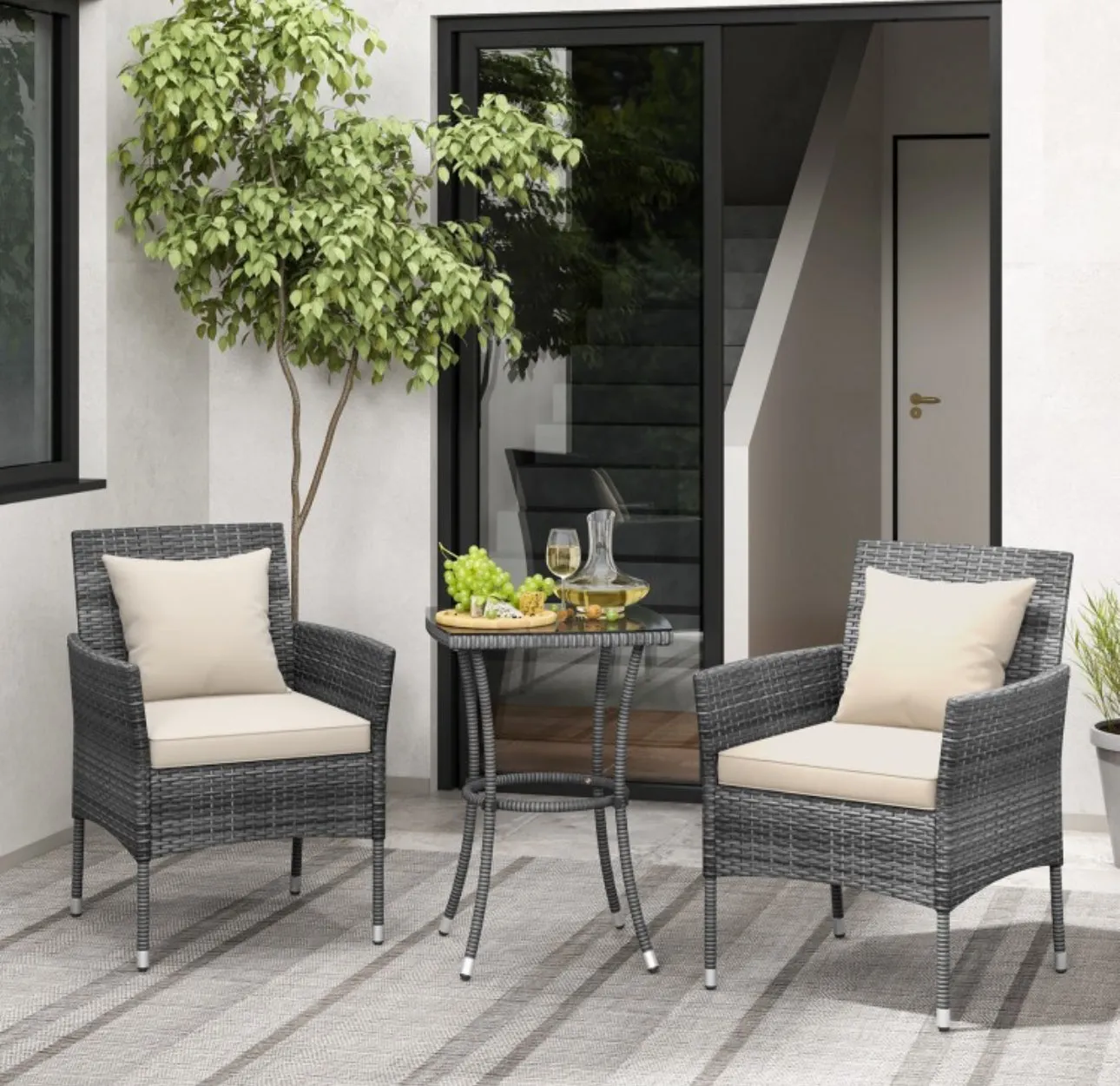 Elegant & Beautiful 3-Piece Patio Furniture Seat With Soft Cushions | Chairs | Tempered Glass Coffee Table | Conversation Sets | PE Rattan