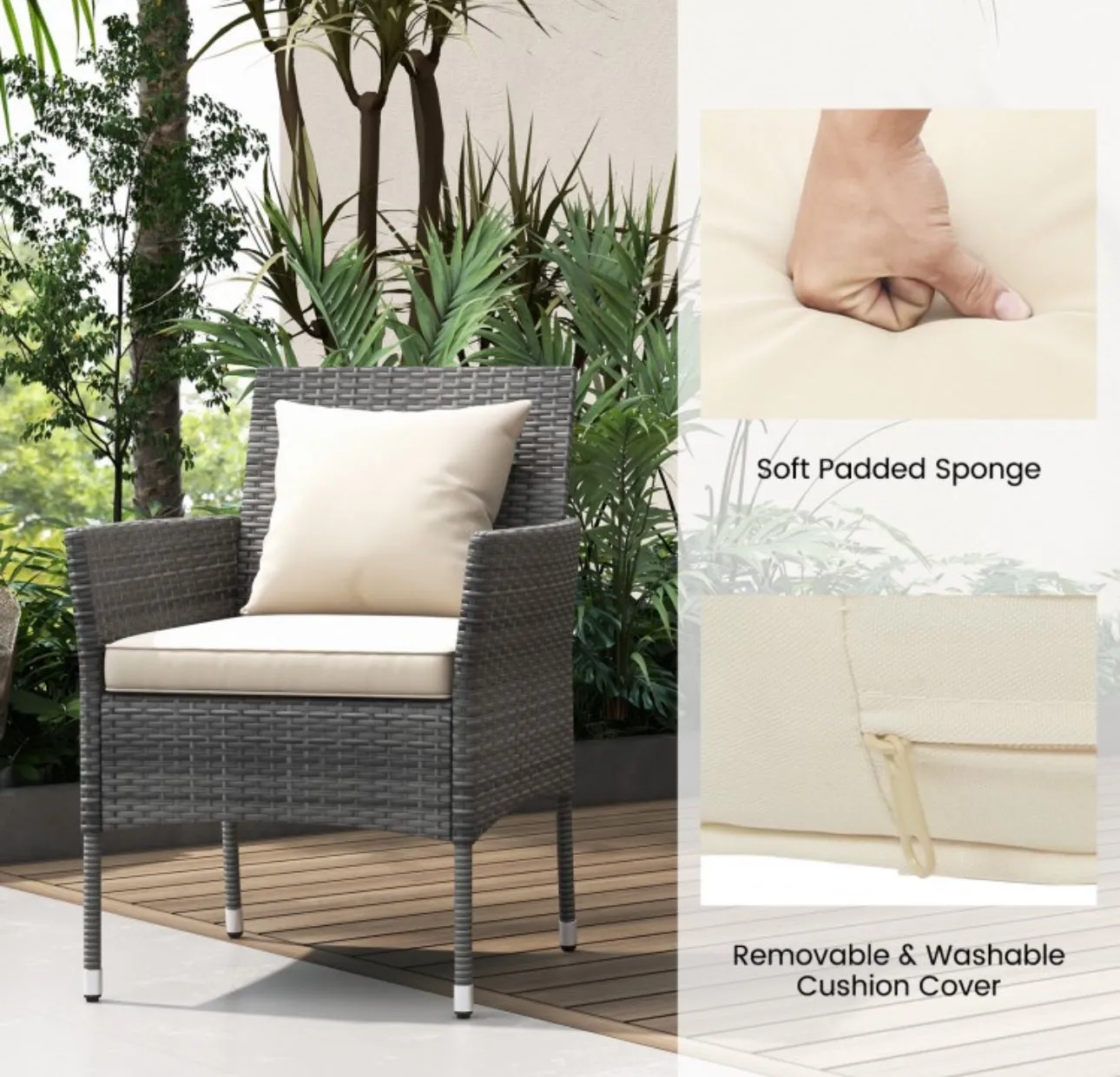 Elegant & Beautiful 3-Piece Patio Furniture Seat With Soft Cushions | Chairs | Tempered Glass Coffee Table | Conversation Sets | PE Rattan