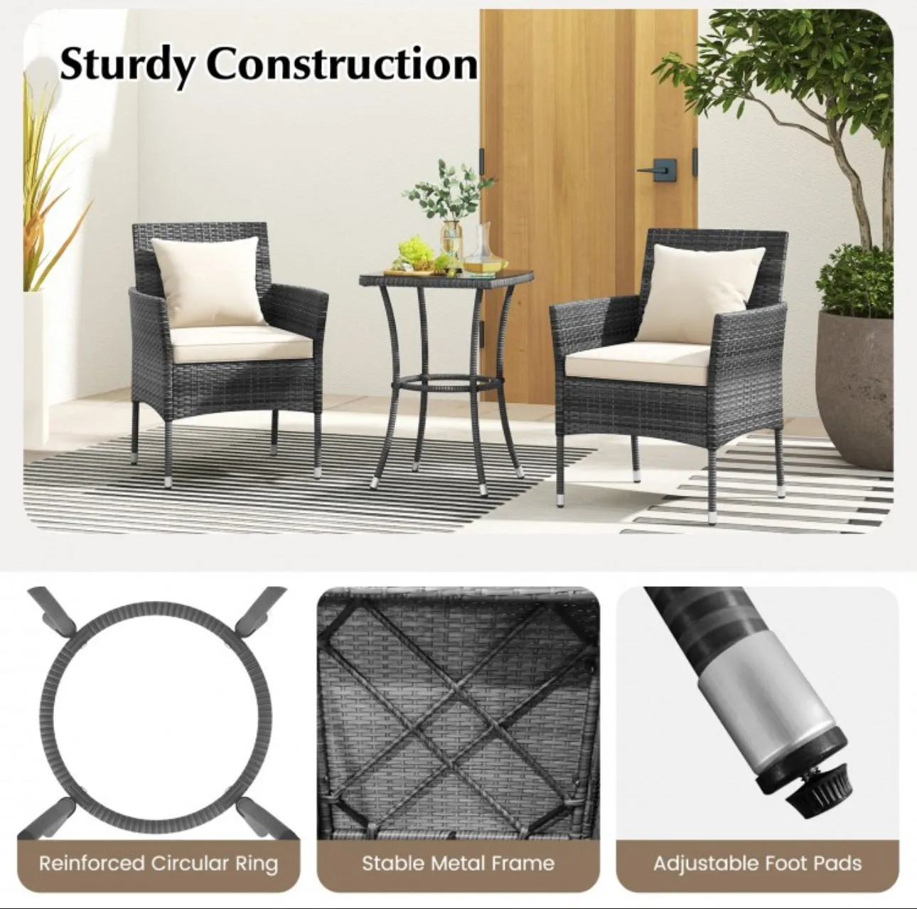 Elegant & Beautiful 3-Piece Patio Furniture Seat With Soft Cushions | Chairs | Tempered Glass Coffee Table | Conversation Sets | PE Rattan