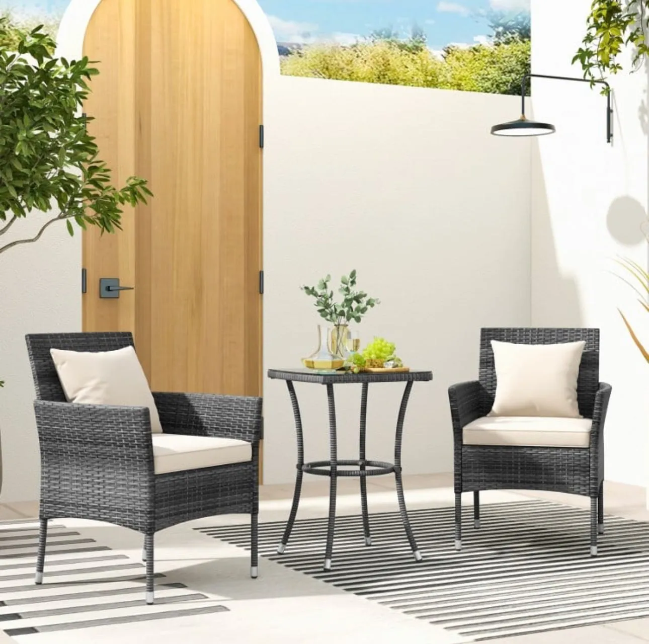 Elegant & Beautiful 3-Piece Patio Furniture Seat With Soft Cushions | Chairs | Tempered Glass Coffee Table | Conversation Sets | PE Rattan
