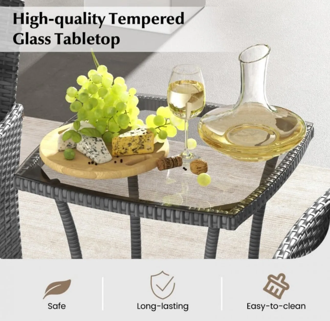 Elegant & Beautiful 3-Piece Patio Furniture Seat With Soft Cushions | Chairs | Tempered Glass Coffee Table | Conversation Sets | PE Rattan
