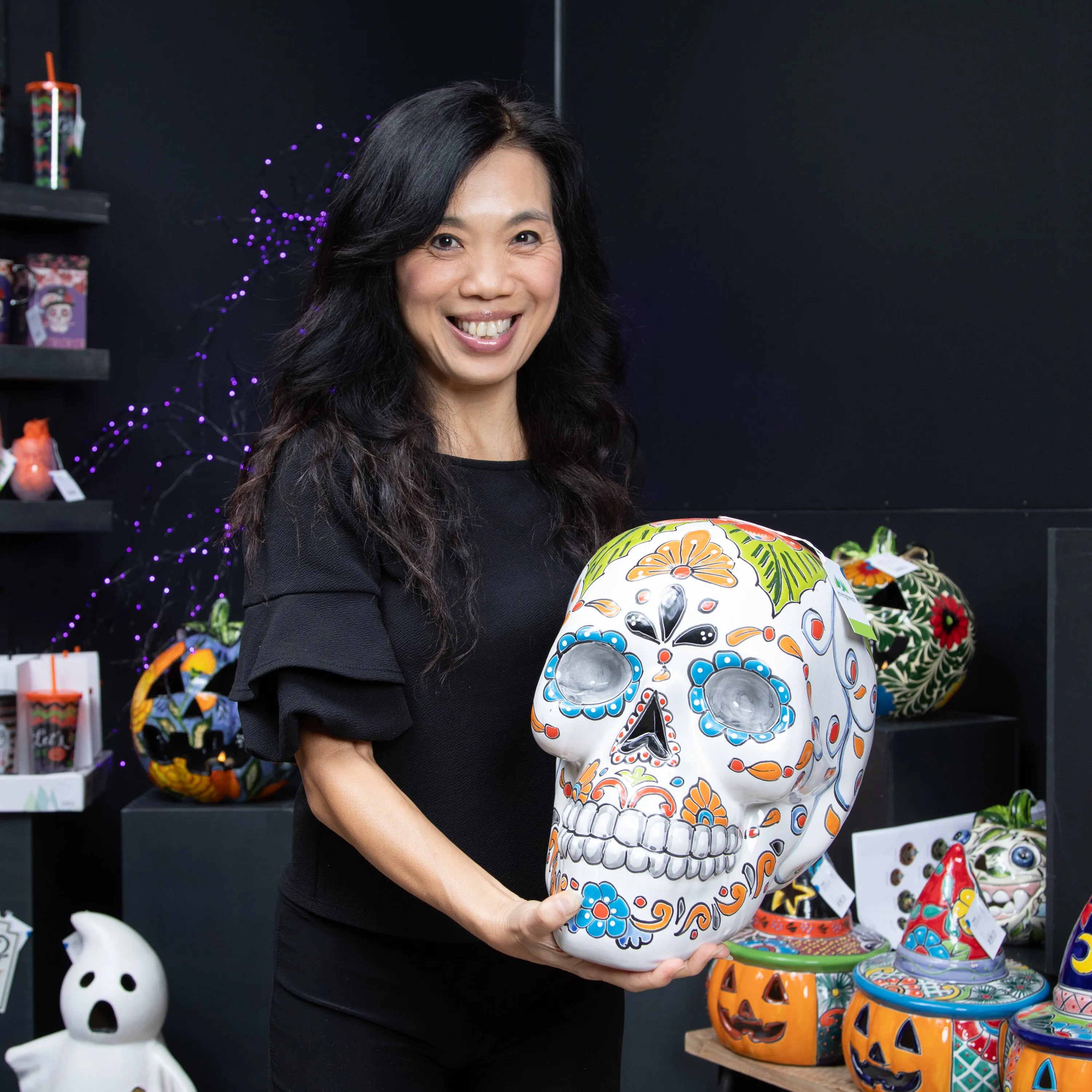 Evergreen Statuary,Large Colorful Handpainted Skull Statuary,9.06x9.06x15.35 Inches