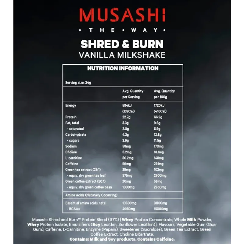 [Expiry: 05/2026] Musashi Shred & Burn Vanilla Milkshake Flavour 2kg