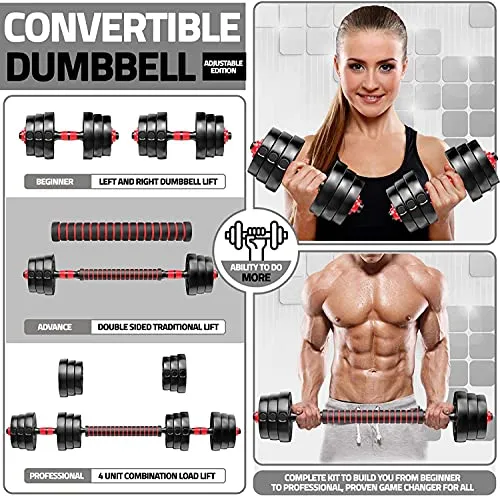FitBox Sports 3 In 1 Convertible Adjustable Dumbbells kit With Button Shaped Plates 20 Kg (2kg x 4   3kg x 4), Black