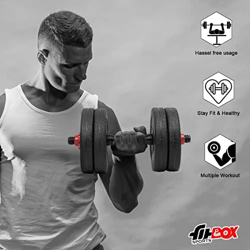 FitBox Sports 3 In 1 Convertible Adjustable Dumbbells kit With Button Shaped Plates 20 Kg (2kg x 4   3kg x 4), Black
