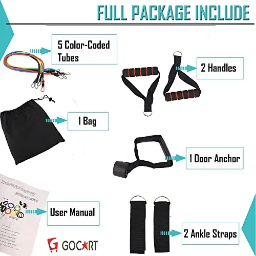 GOCART WITH G LOGO 9 pcs Resistance Band Set - with Door Anchor, Handles, Stackable Up to 80lbs - for Resistance Training, Physical Therapy, Home Workouts