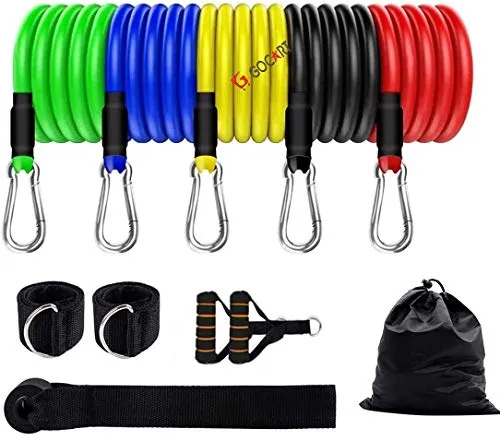 GOCART WITH G LOGO 9 pcs Resistance Band Set - with Door Anchor, Handles, Stackable Up to 80lbs - for Resistance Training, Physical Therapy, Home Workouts