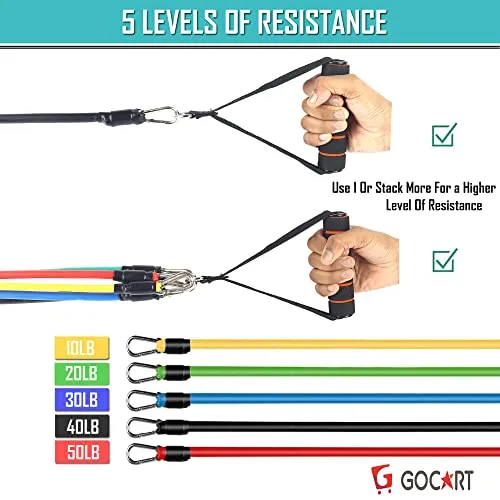 GOCART WITH G LOGO 9 pcs Resistance Band Set - with Door Anchor, Handles, Stackable Up to 80lbs - for Resistance Training, Physical Therapy, Home Workouts
