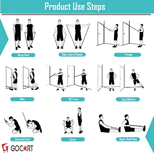 GOCART WITH G LOGO 9 pcs Resistance Band Set - with Door Anchor, Handles, Stackable Up to 80lbs - for Resistance Training, Physical Therapy, Home Workouts