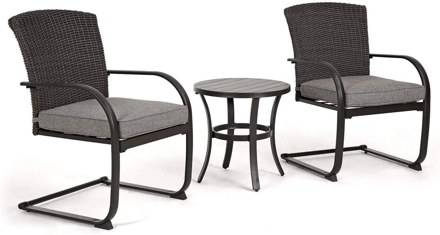 Grand patio 3 Piece Outdoor Bistro Set with Cushioned Wicker Spring Chairs and Metal Side Table