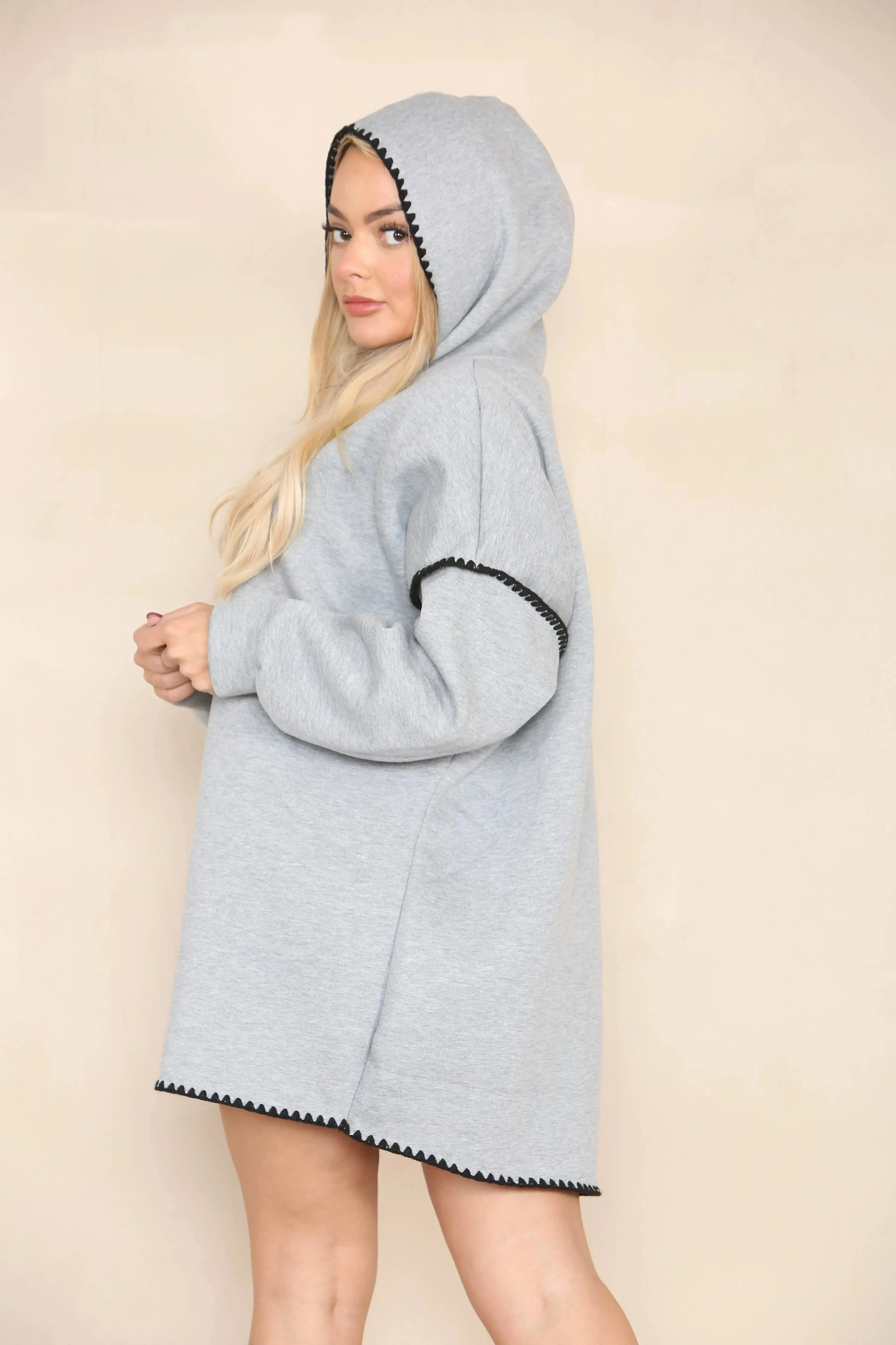 Grey Versatile Long Sleeve Drawstring Wavy Edge Loose Hoodie