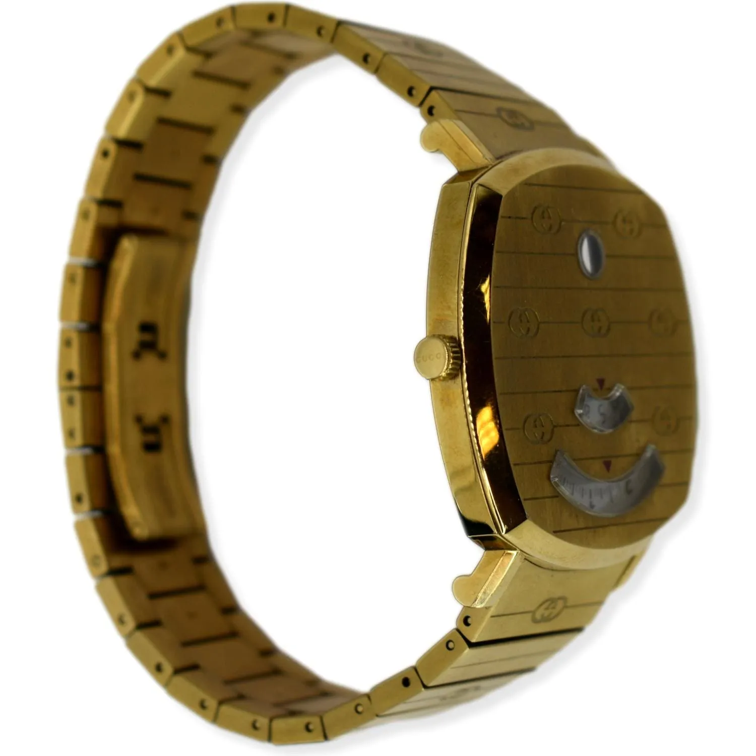 GUCCI Grip GG Engraved Quartz Gold Dial Stainless Steel Watch 35MM