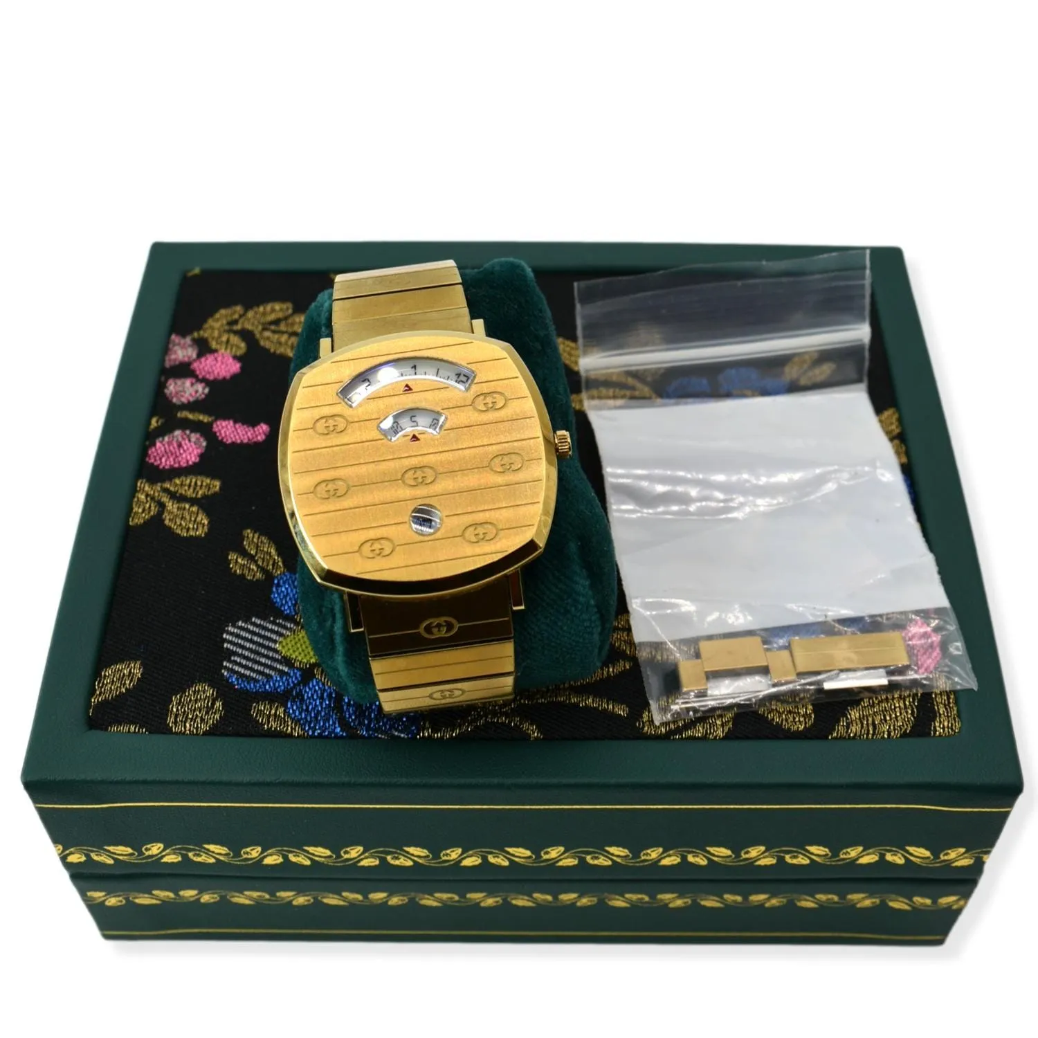 GUCCI Grip GG Engraved Quartz Gold Dial Stainless Steel Watch 35MM