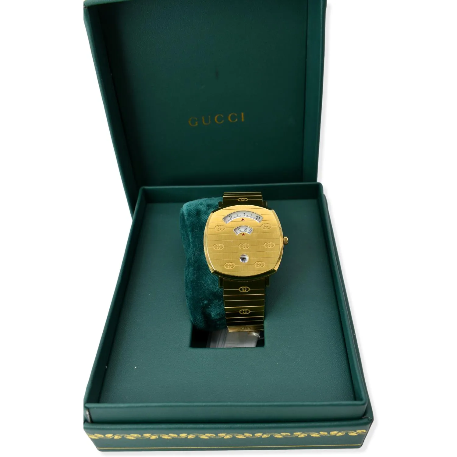 GUCCI Grip GG Engraved Quartz Gold Dial Stainless Steel Watch 35MM