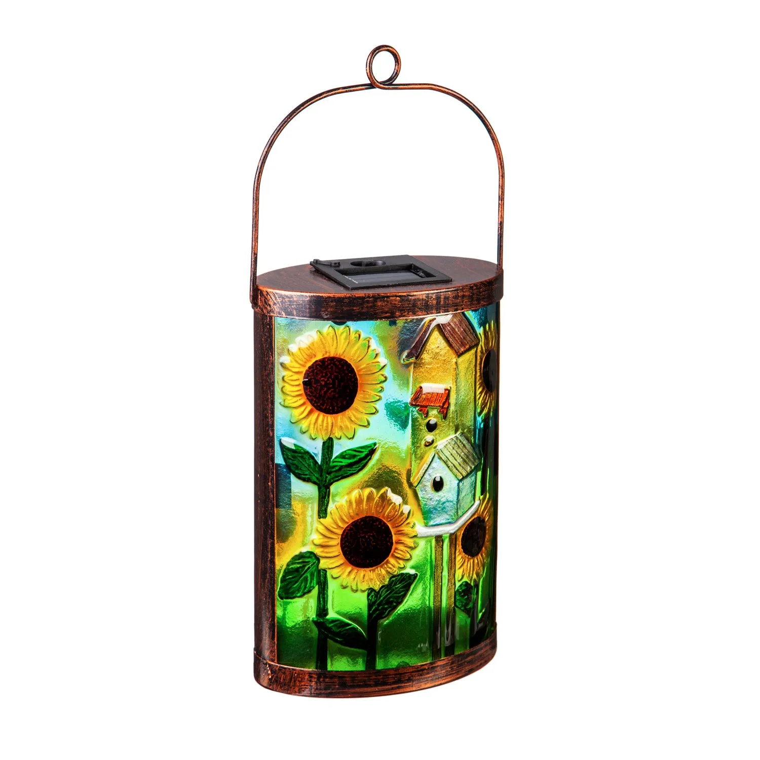 Handpainted Solar Glass Lantern, Cottage Bird House,5.91"x3.74"x9.45"inches