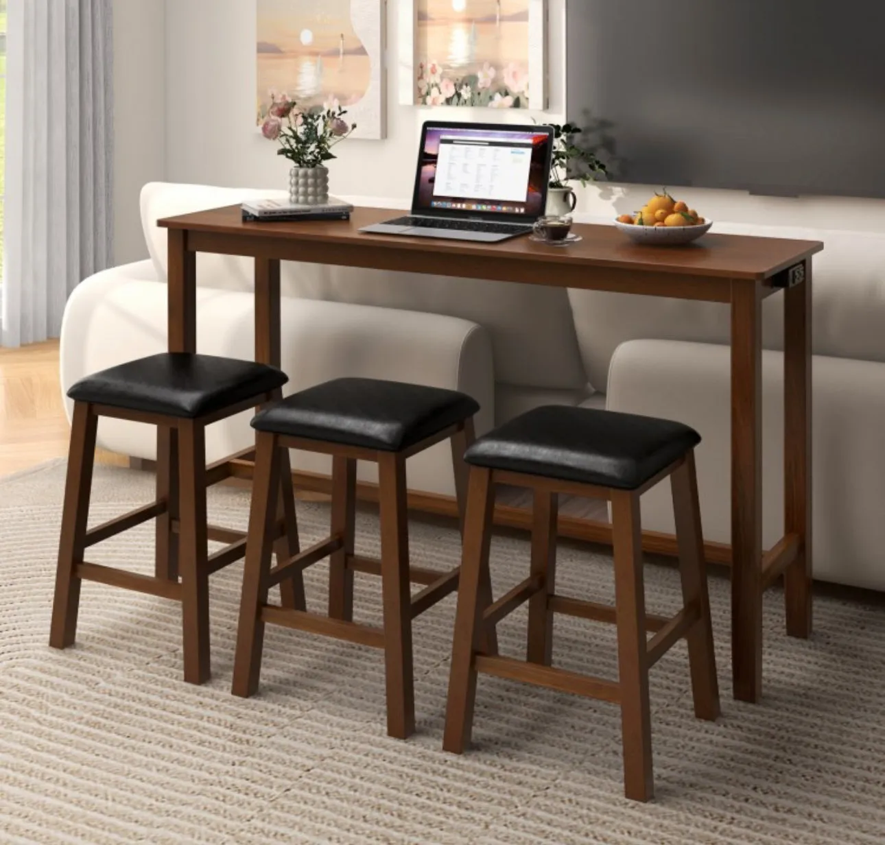 Heavy Duty Comfy 4-Piece Bar  Table Set Counter-Height Table & 3 PVC Leather Upholstered Bar Stools | 2 AC Outlets | USB Ports | Acadia Wood