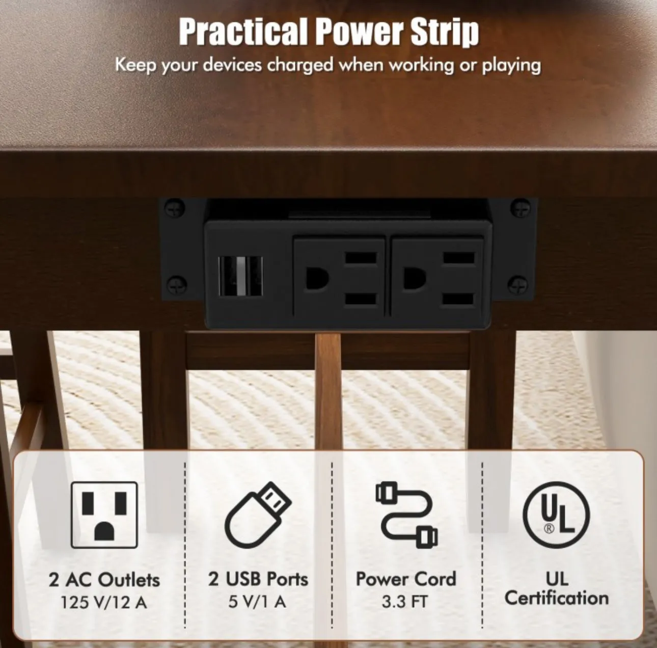 Heavy Duty Comfy 4-Piece Bar  Table Set Counter-Height Table & 3 PVC Leather Upholstered Bar Stools | 2 AC Outlets | USB Ports | Acadia Wood