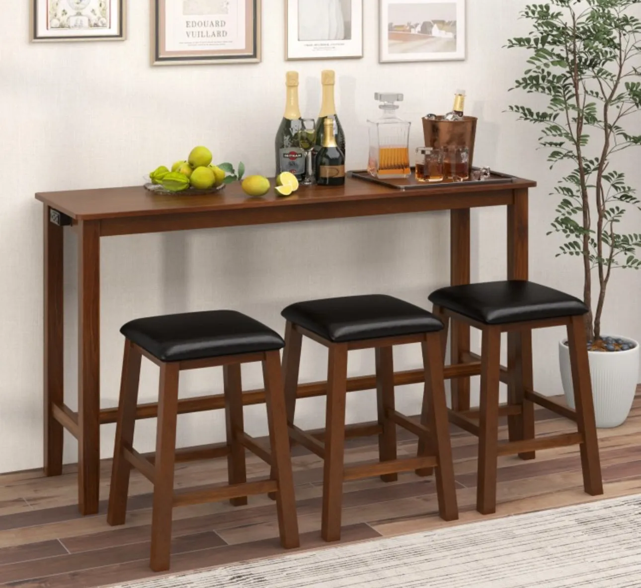 Heavy Duty Comfy 4-Piece Bar  Table Set Counter-Height Table & 3 PVC Leather Upholstered Bar Stools | 2 AC Outlets | USB Ports | Acadia Wood