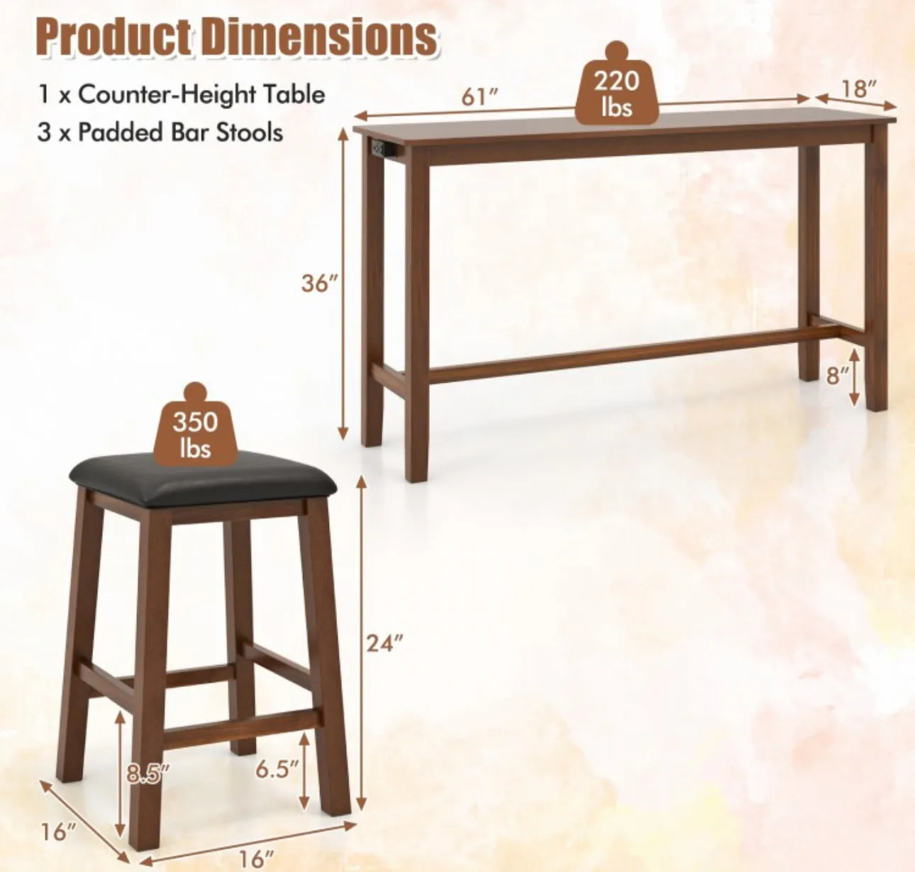 Heavy Duty Comfy 4-Piece Bar  Table Set Counter-Height Table & 3 PVC Leather Upholstered Bar Stools | 2 AC Outlets | USB Ports | Acadia Wood