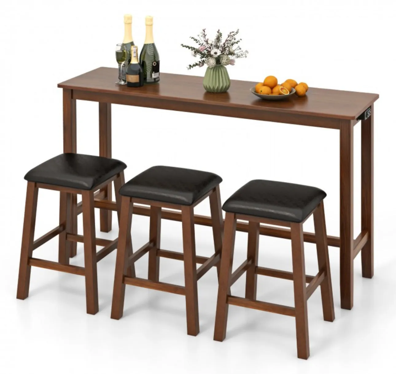 Heavy Duty Comfy 4-Piece Bar  Table Set Counter-Height Table & 3 PVC Leather Upholstered Bar Stools | 2 AC Outlets | USB Ports | Acadia Wood