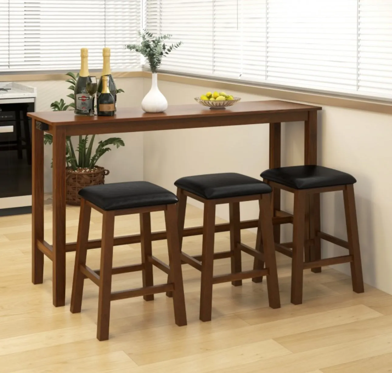 Heavy Duty Comfy 4-Piece Bar  Table Set Counter-Height Table & 3 PVC Leather Upholstered Bar Stools | 2 AC Outlets | USB Ports | Acadia Wood