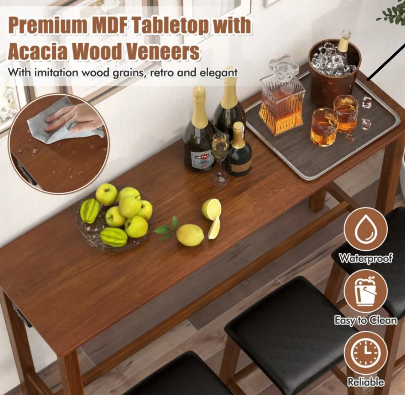Heavy Duty Comfy 4-Piece Bar  Table Set Counter-Height Table & 3 PVC Leather Upholstered Bar Stools | 2 AC Outlets | USB Ports | Acadia Wood