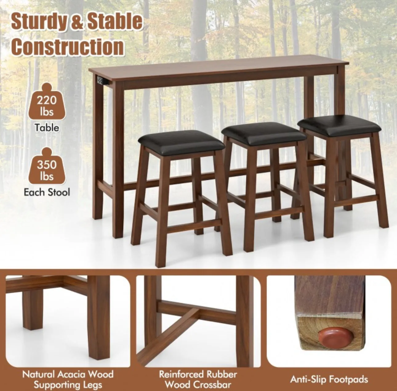 Heavy Duty Comfy 4-Piece Bar  Table Set Counter-Height Table & 3 PVC Leather Upholstered Bar Stools | 2 AC Outlets | USB Ports | Acadia Wood