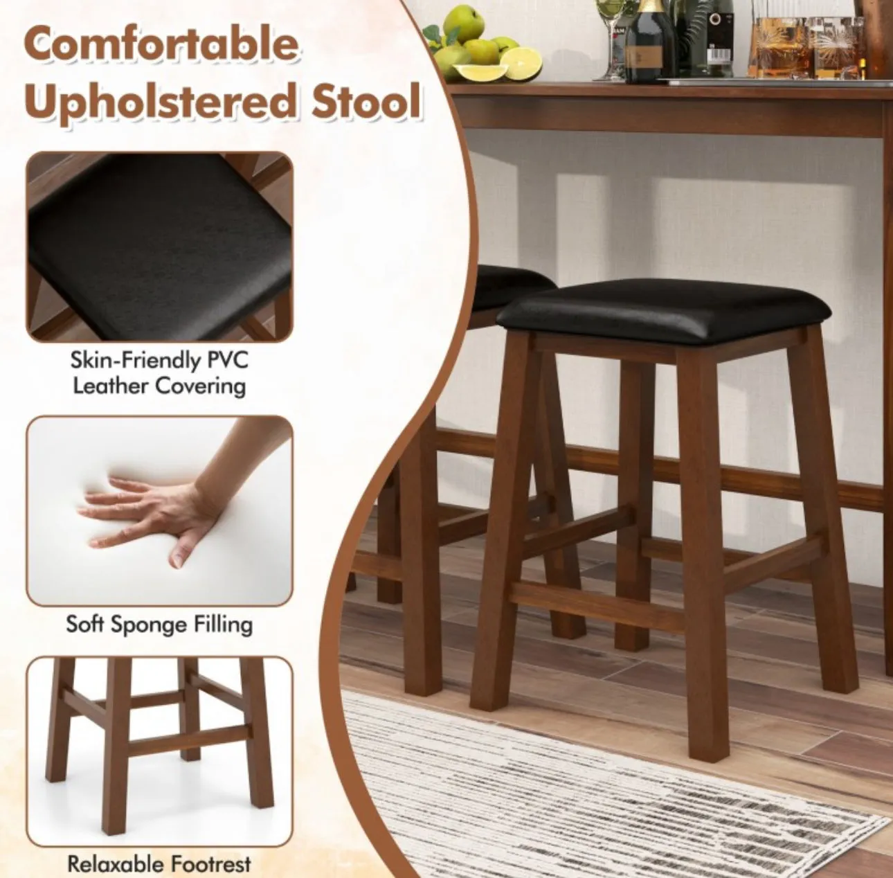 Heavy Duty Comfy 4-Piece Bar  Table Set Counter-Height Table & 3 PVC Leather Upholstered Bar Stools | 2 AC Outlets | USB Ports | Acadia Wood