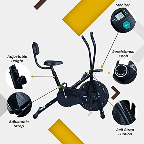 INALSA Air Bike Exercise Cycle Indoor Bike | Cardio Home Workout | Multi Position Handle Grip | Height Adjustable Seat | Cushioned Back Rest | Digital Display | (Black) (FFAB-01R) FITTYFY Range
