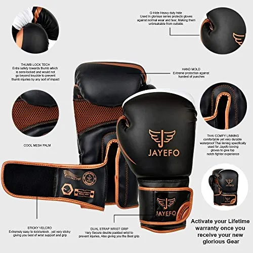 Jayefo Glorious Boxing Gloves Muay Thai Kick Boxing Leather Sparring Heavy Bag Workout Pro Leather Gloves Mitts Work for Men & Women (Black/Copper, 6 OZ)