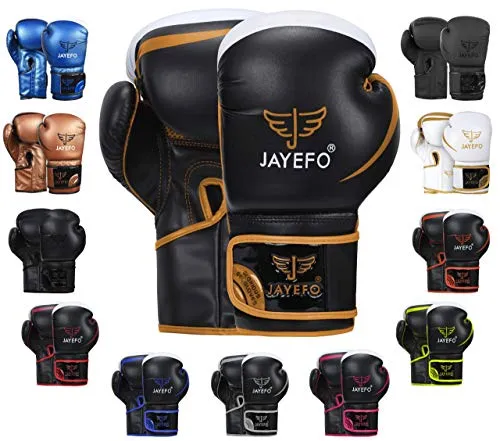 Jayefo Glorious Boxing Gloves Muay Thai Kick Boxing Leather Sparring Heavy Bag Workout Pro Leather Gloves Mitts Work for Men & Women (Black/Copper, 6 OZ)