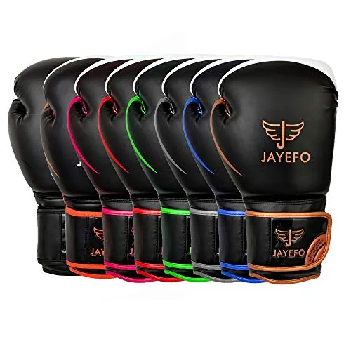 Jayefo Glorious Boxing Gloves Muay Thai Kick Boxing Leather Sparring Heavy Bag Workout Pro Leather Gloves Mitts Work for Men & Women (Black/Copper, 6 OZ)