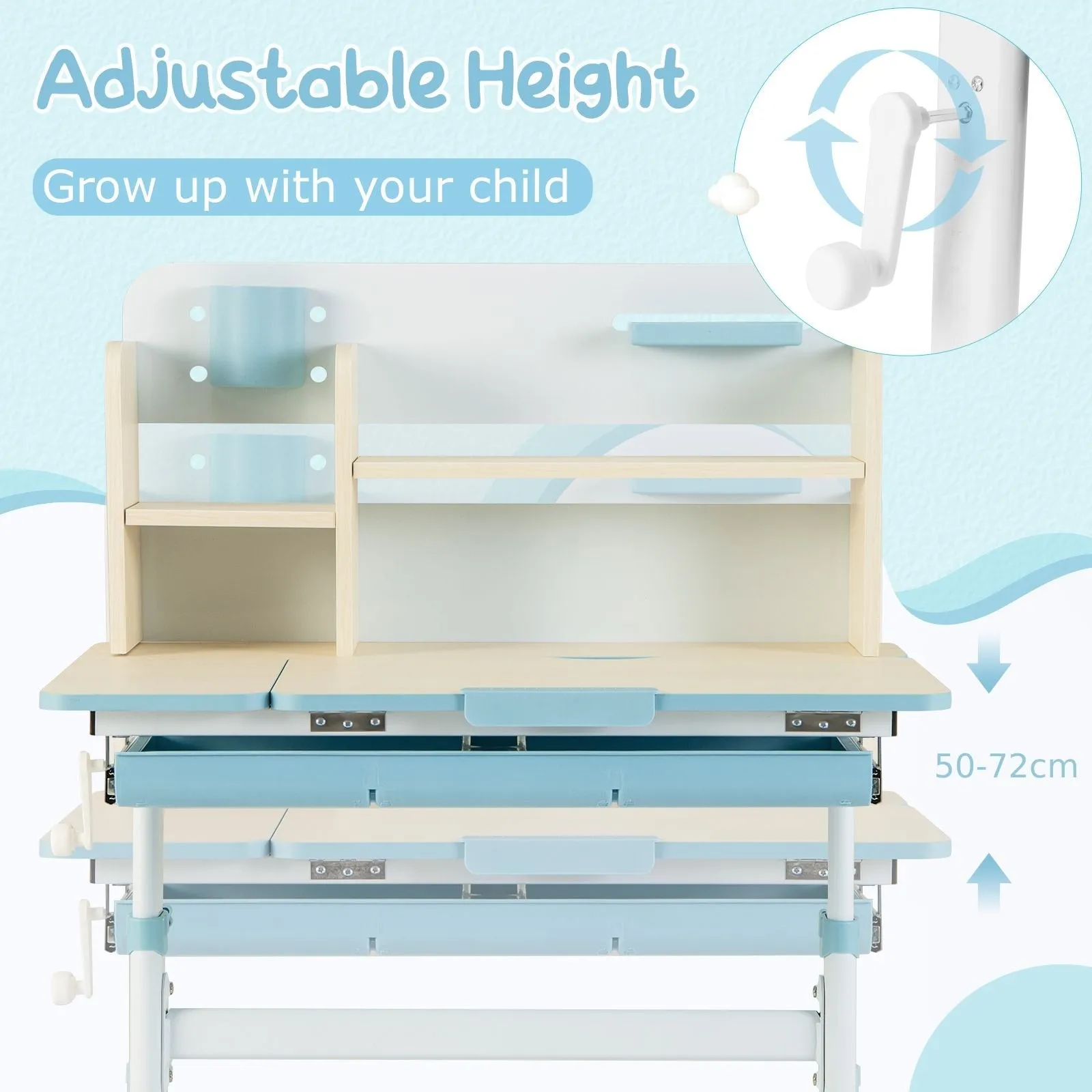 Kids Height Adjustable Desk  | Childrens Desk with Storage | Hutch Style | Blue or Grey | 3-12 Years