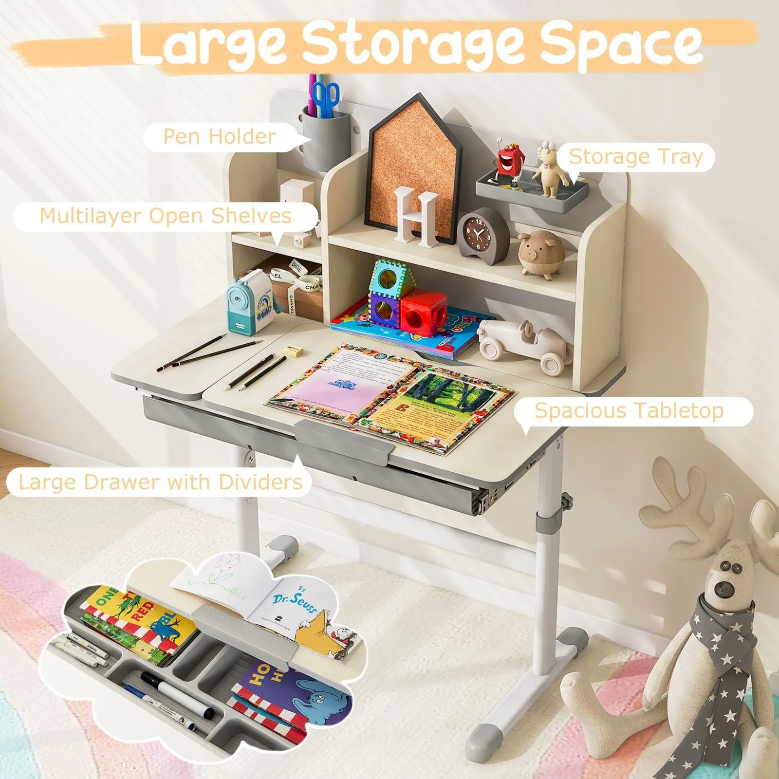 Kids Height Adjustable Desk  | Childrens Desk with Storage | Hutch Style | Blue or Grey | 3-12 Years