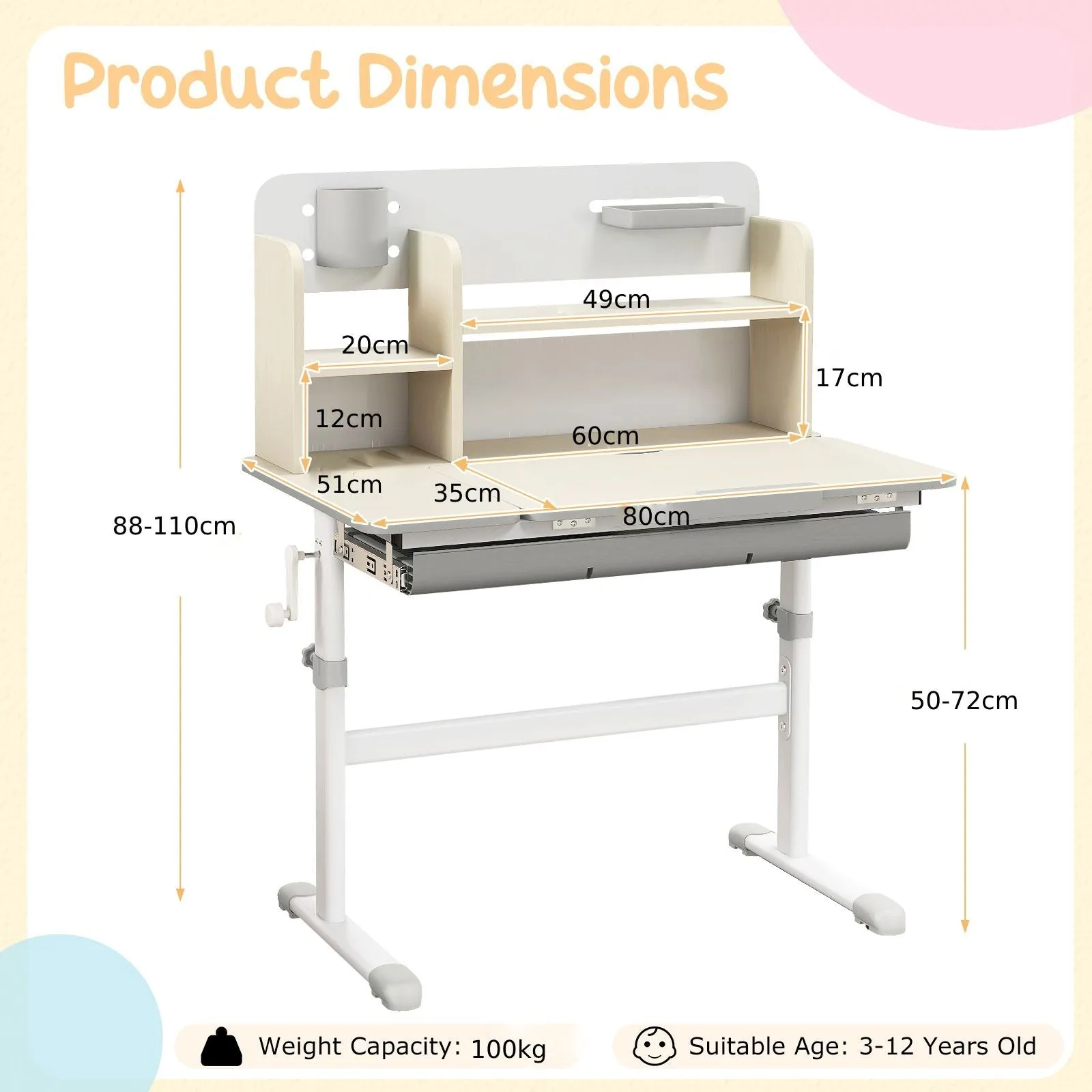 Kids Height Adjustable Desk  | Childrens Desk with Storage | Hutch Style | Blue or Grey | 3-12 Years