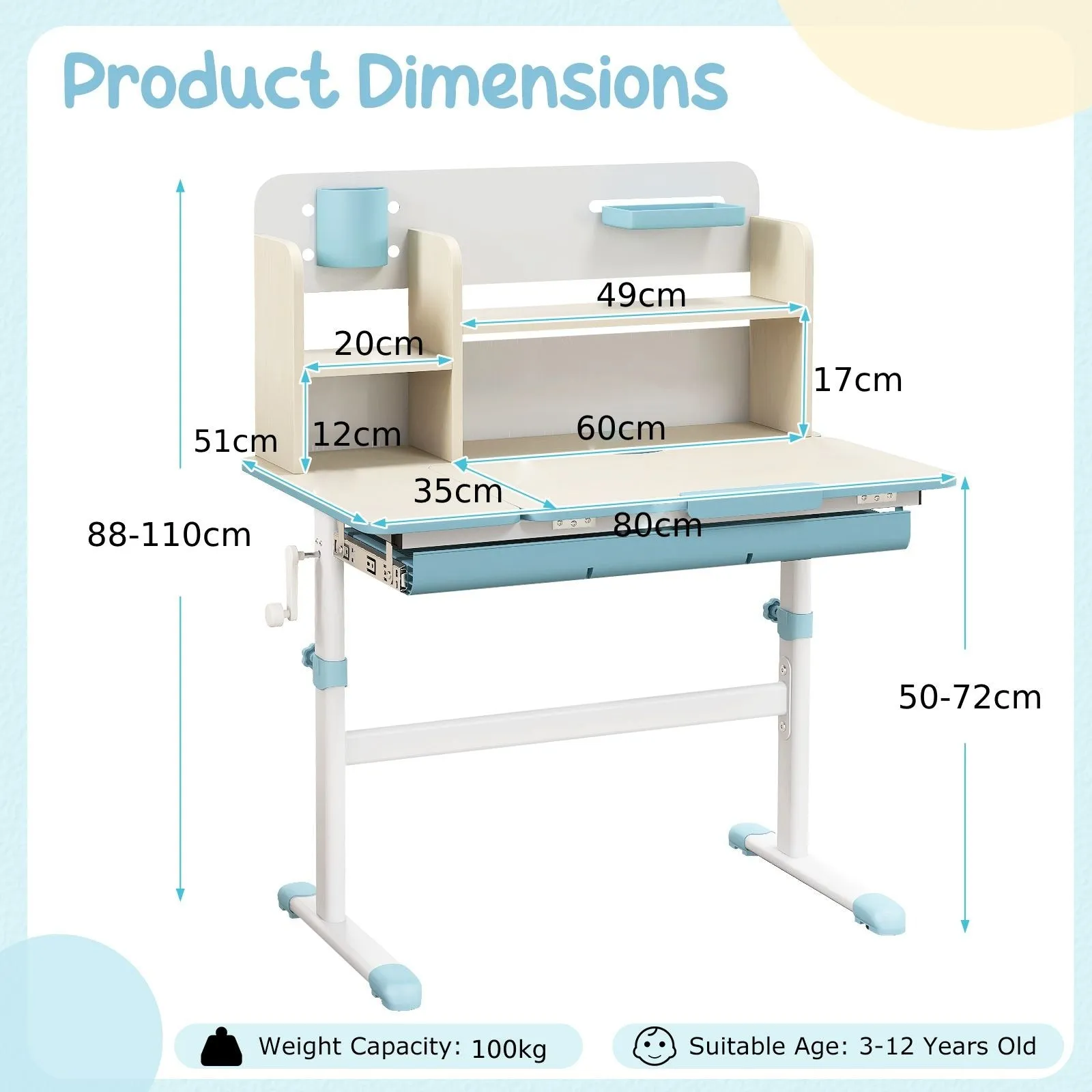 Kids Height Adjustable Desk  | Childrens Desk with Storage | Hutch Style | Blue or Grey | 3-12 Years