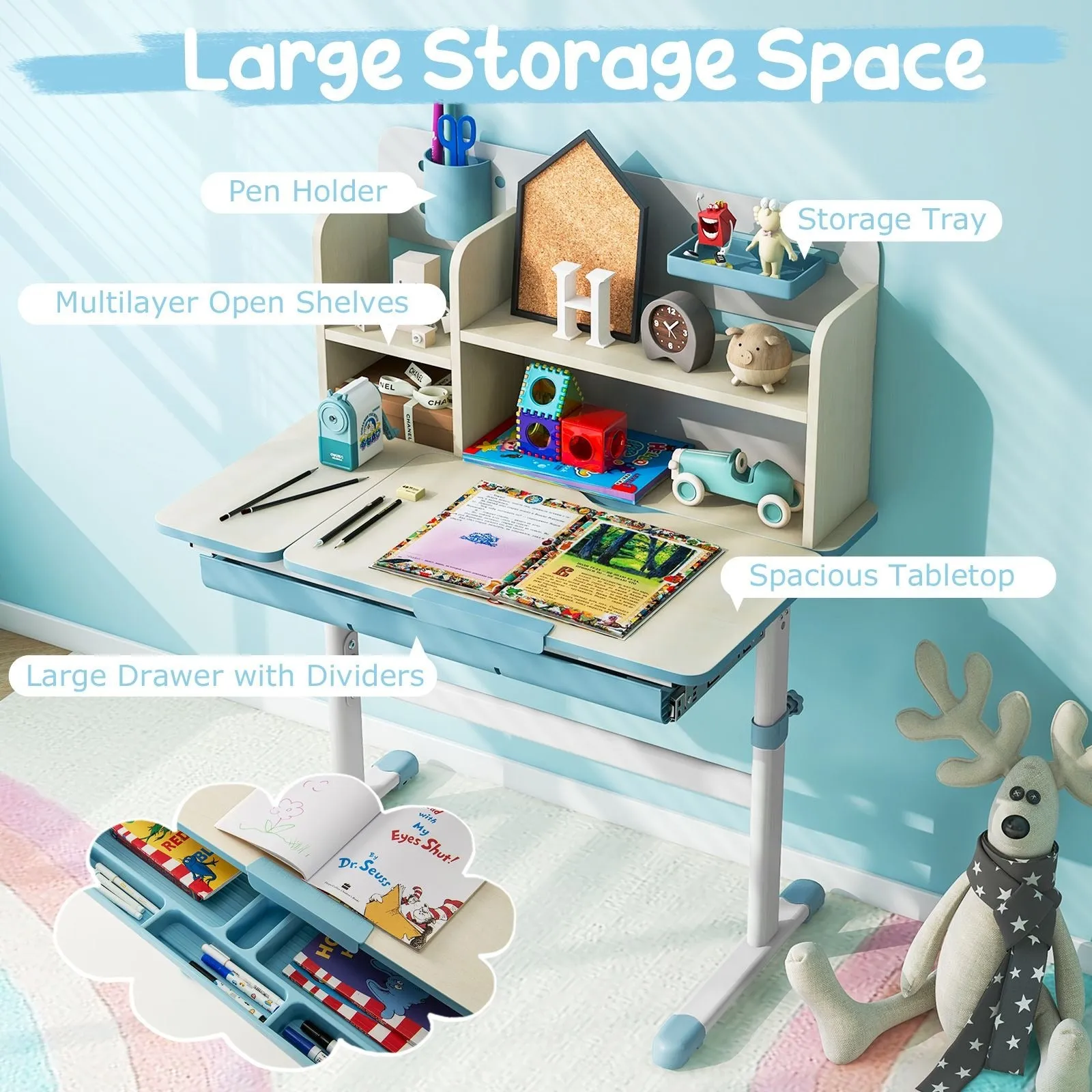 Kids Height Adjustable Desk  | Childrens Desk with Storage | Hutch Style | Blue or Grey | 3-12 Years