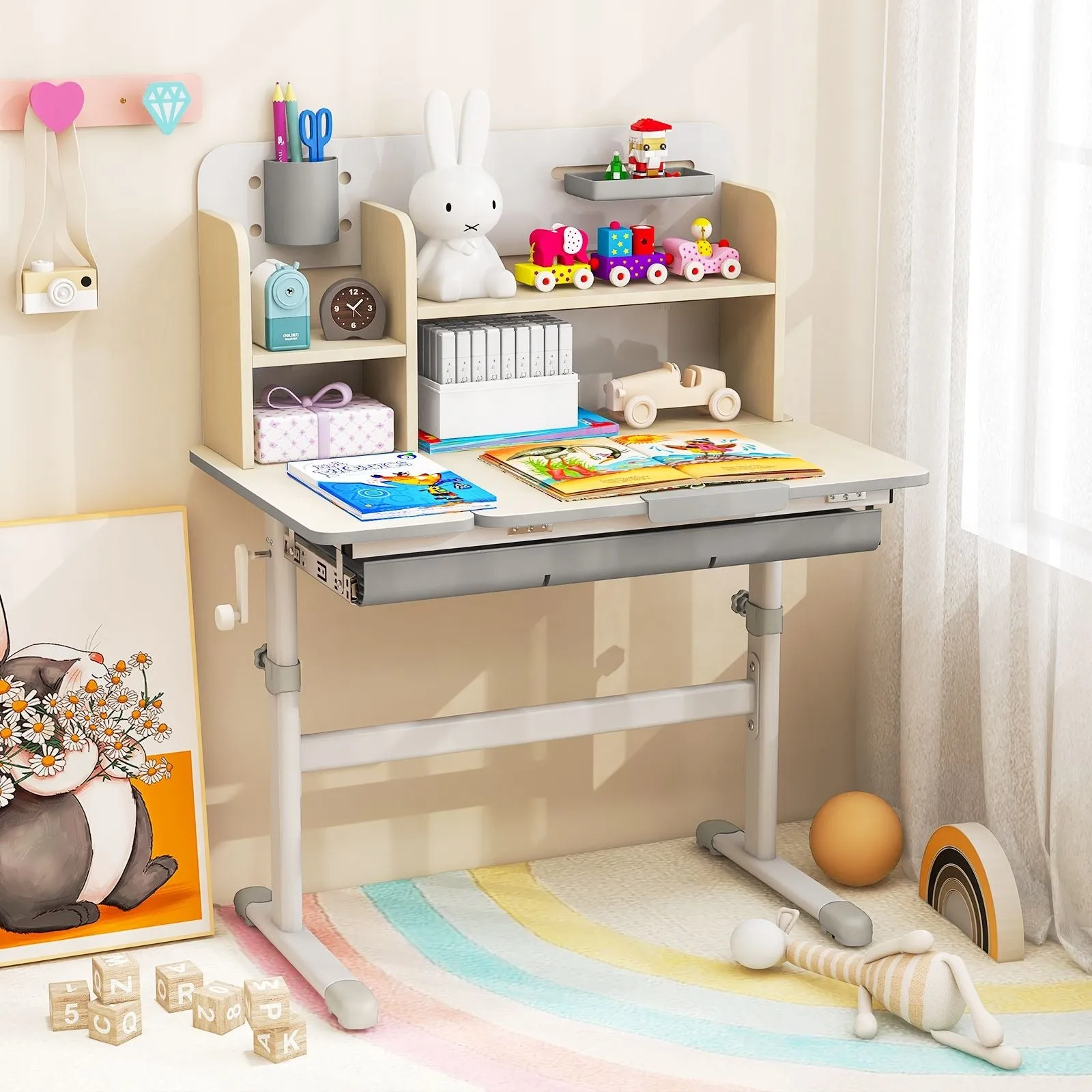 Kids Height Adjustable Desk  | Childrens Desk with Storage | Hutch Style | Blue or Grey | 3-12 Years