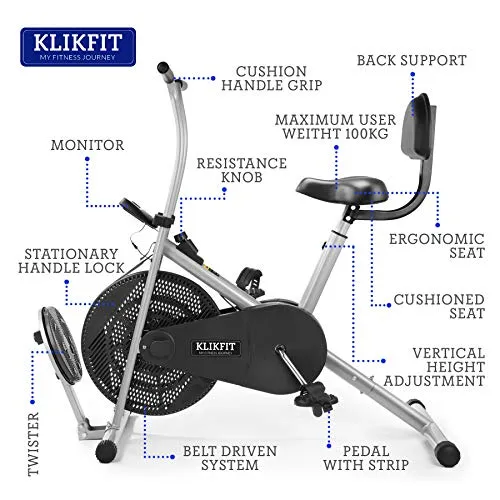 KLIKFIT KF04F Indoor Stationary Air Bike Exercise Cycle with Back Support & Twister Plate with Installation Support for Home Gym Cardio Full Body Weight Loss Workout, Silver, Black