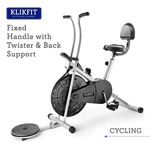 KLIKFIT KF04F Indoor Stationary Air Bike Exercise Cycle with Back Support & Twister Plate with Installation Support for Home Gym Cardio Full Body Weight Loss Workout, Silver, Black