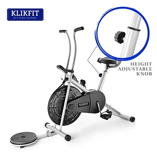 KLIKFIT KF04F Indoor Stationary Air Bike Exercise Cycle with Back Support & Twister Plate with Installation Support for Home Gym Cardio Full Body Weight Loss Workout, Silver, Black