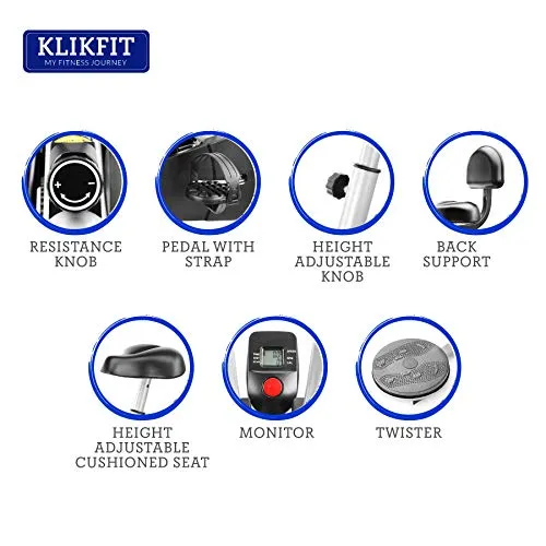 KLIKFIT KF04F Indoor Stationary Air Bike Exercise Cycle with Back Support & Twister Plate with Installation Support for Home Gym Cardio Full Body Weight Loss Workout, Silver, Black