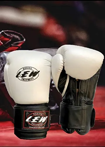 LEW White/Black Boxing Gloves for Training/ Muaythai/Punching Bag/Sparring with a Pair of Hand Wraps (White, 14 OZ)