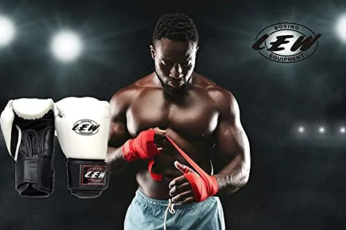 LEW White/Black Boxing Gloves for Training/ Muaythai/Punching Bag/Sparring with a Pair of Hand Wraps (White, 14 OZ)
