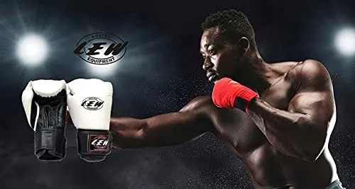LEW White/Black Boxing Gloves for Training/ Muaythai/Punching Bag/Sparring with a Pair of Hand Wraps (White, 14 OZ)