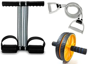 LIVOX Plastic Tummy Trimmer with Double Toning Resistance Tube, Abe Roller- Men & Women Home Exercise Workout Kit (Multicolor) (Combo of 3)
