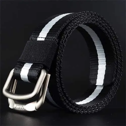 Men Double Ring Buckle Durable Nylon Belt Outdoor Casual Sports Tactical Belt