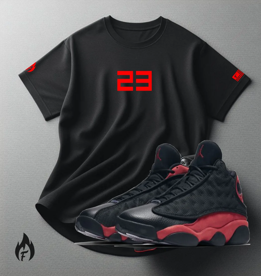 Men's 23 Sneaker T-Shirt To Match Air Jordan 13 Retro Bred New Black Red 23 Tee