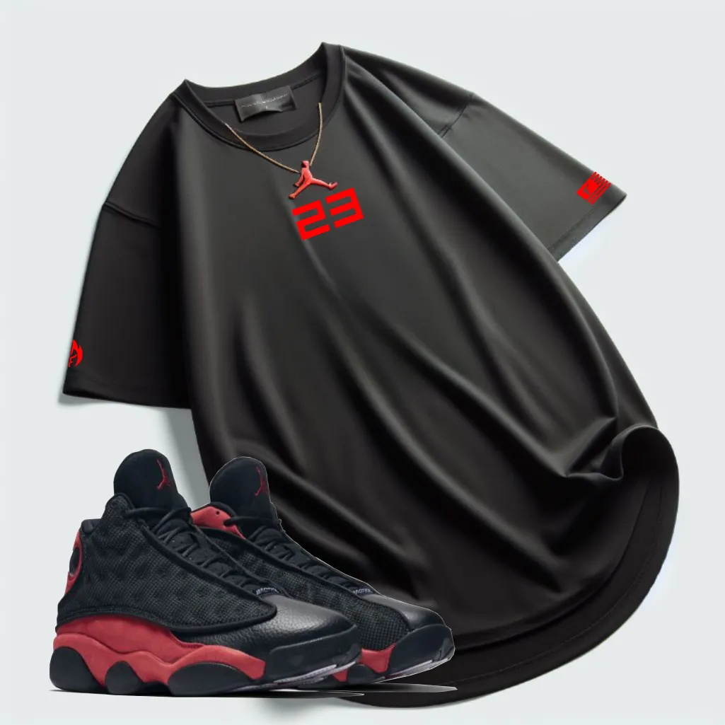Men's 23 Sneaker T-Shirt To Match Air Jordan 13 Retro Bred New Black Red 23 Tee