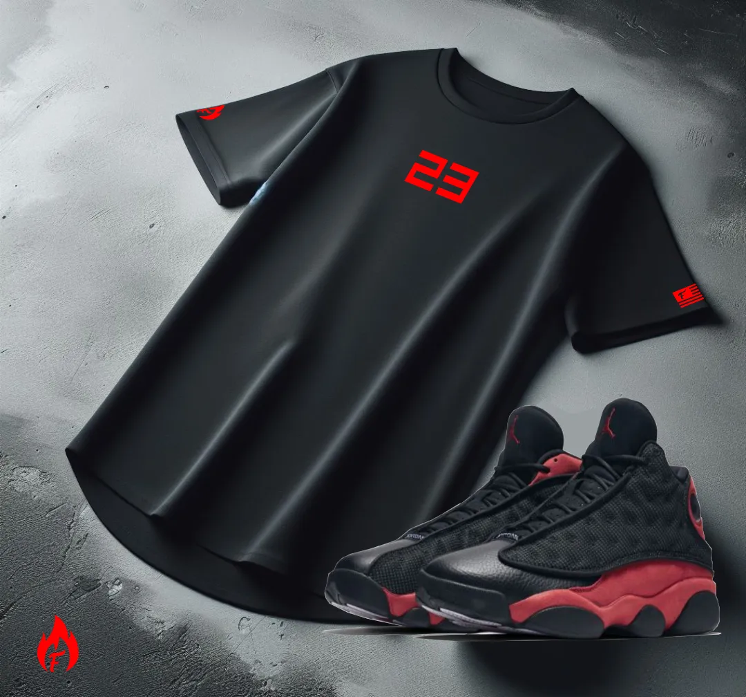 Men's 23 Sneaker T-Shirt To Match Air Jordan 13 Retro Bred New Black Red 23 Tee